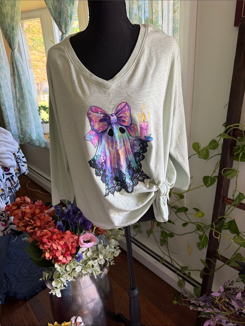 Mint Green Long‑Sleeve V‑Neck Top with Pastel Ghost Graphic
